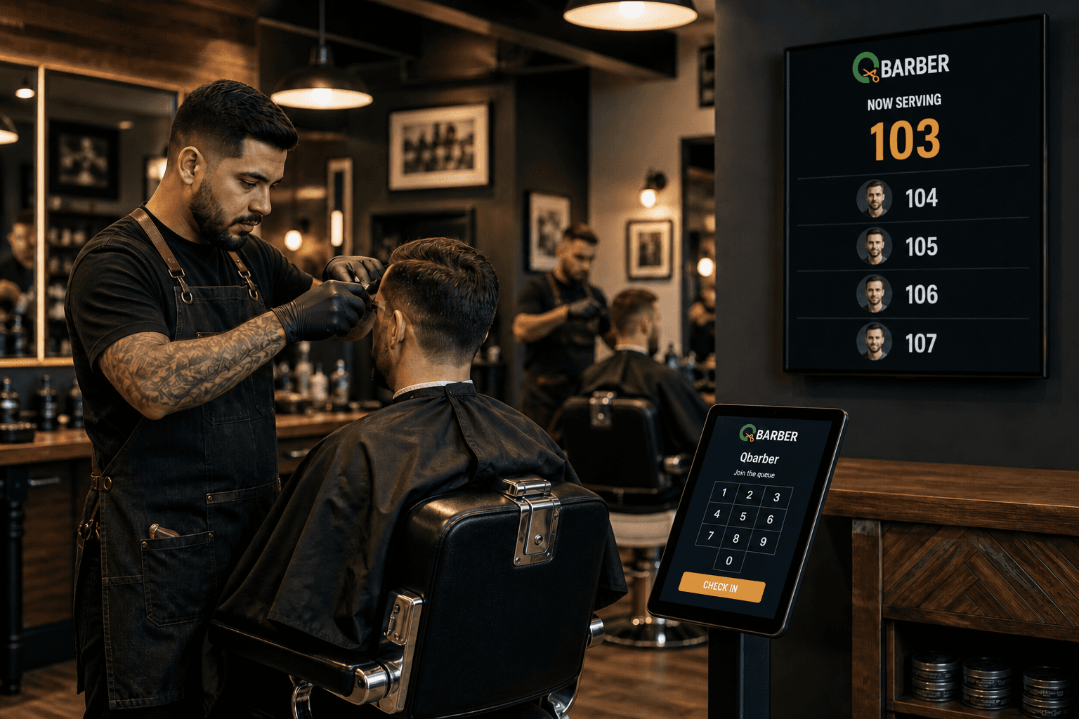 Qbarber barbershop setting with kiosk and display